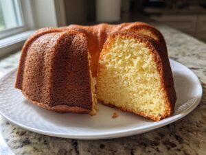 A golden brown cream cheese pound cake on a white plate with one slice cut out, showing the dense, yellow interior.