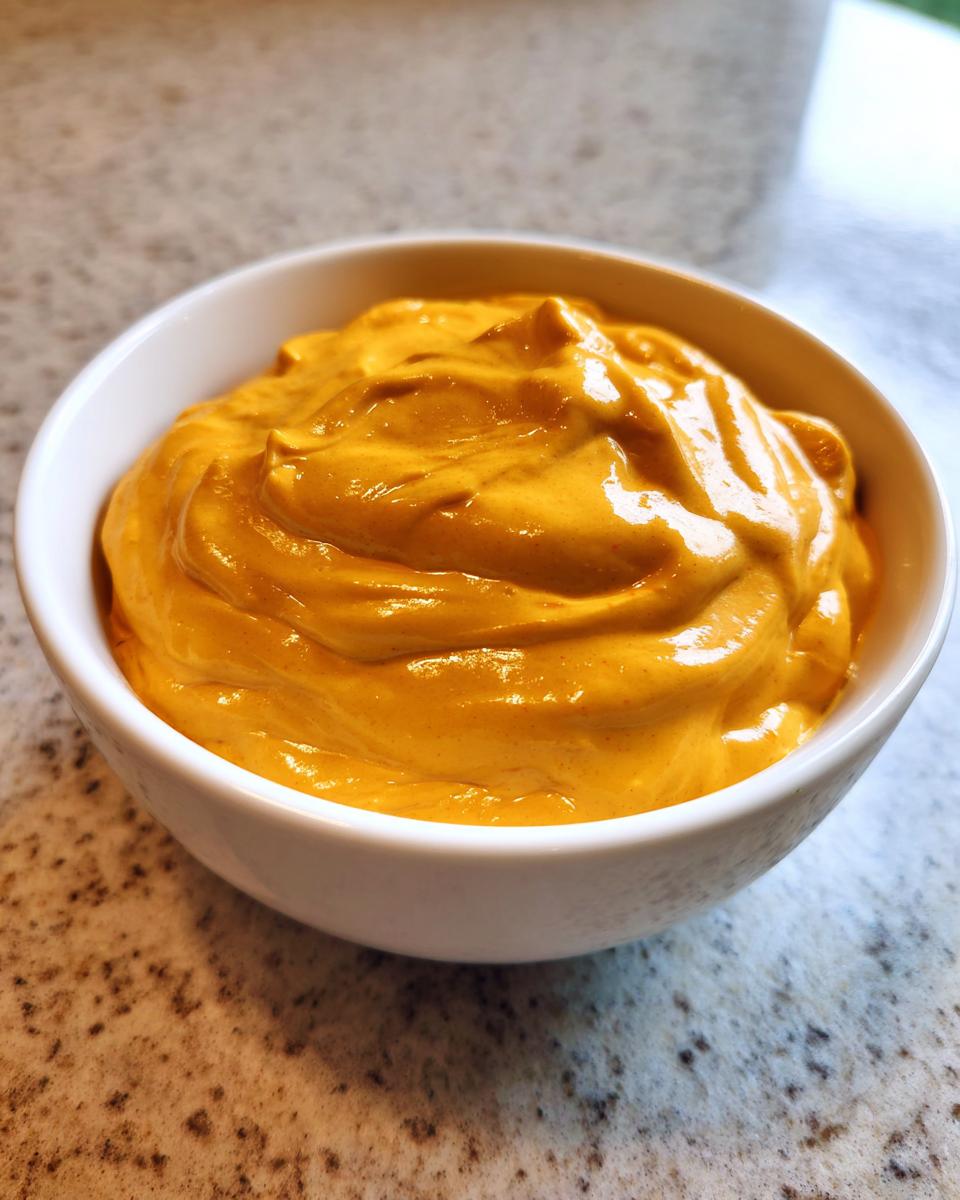 Close-up of thick, vibrant orange beer cheese dip swirled in a small white bowl.