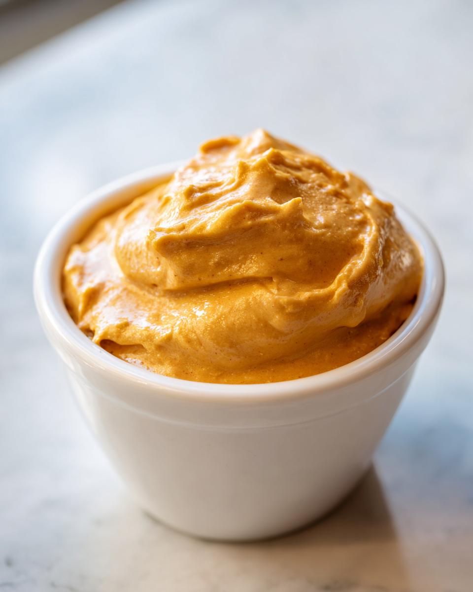 Close-up of thick, orange beer cheese dip swirled high in a small white ramekin.