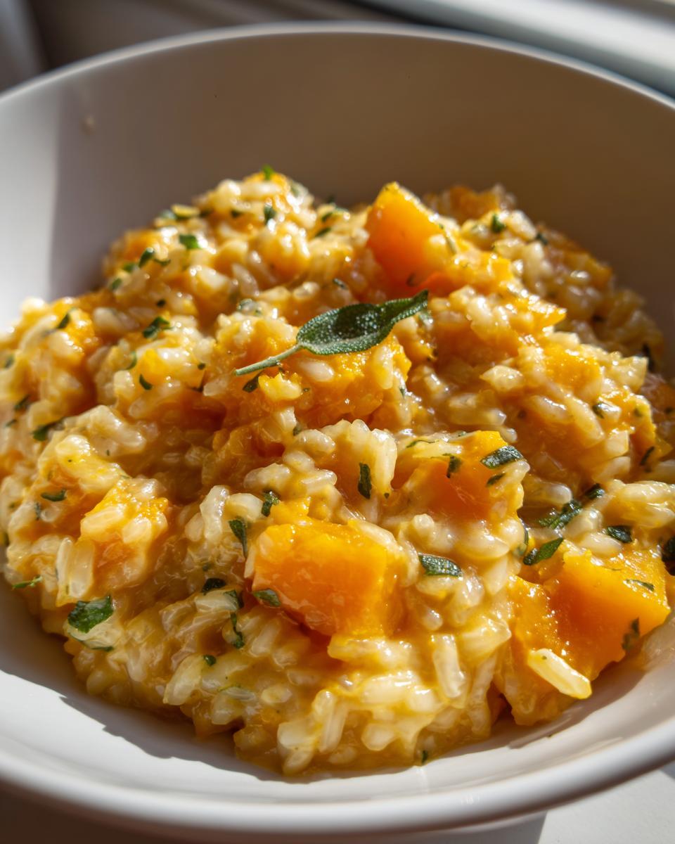 Close-up of creamy butternut squash risotto with visible chunks of orange squash and a sage leaf garnish.