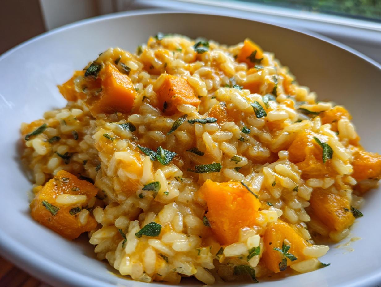 Close-up of creamy butternut squash risotto featuring bright orange cubes and fresh green herbs in a white bowl.