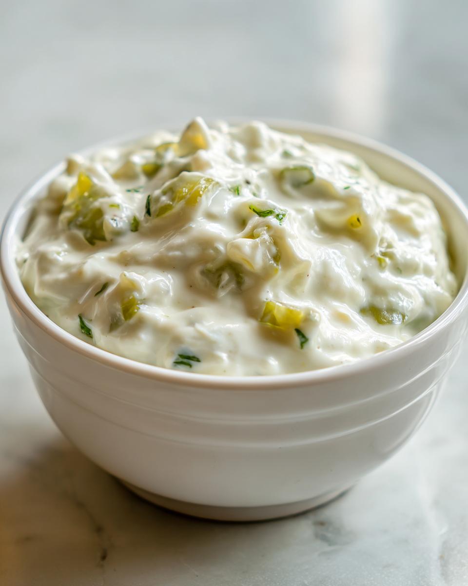 Close-up of a creamy white cheese dip mixed with chopped green ingredients, served in a small white bowl.