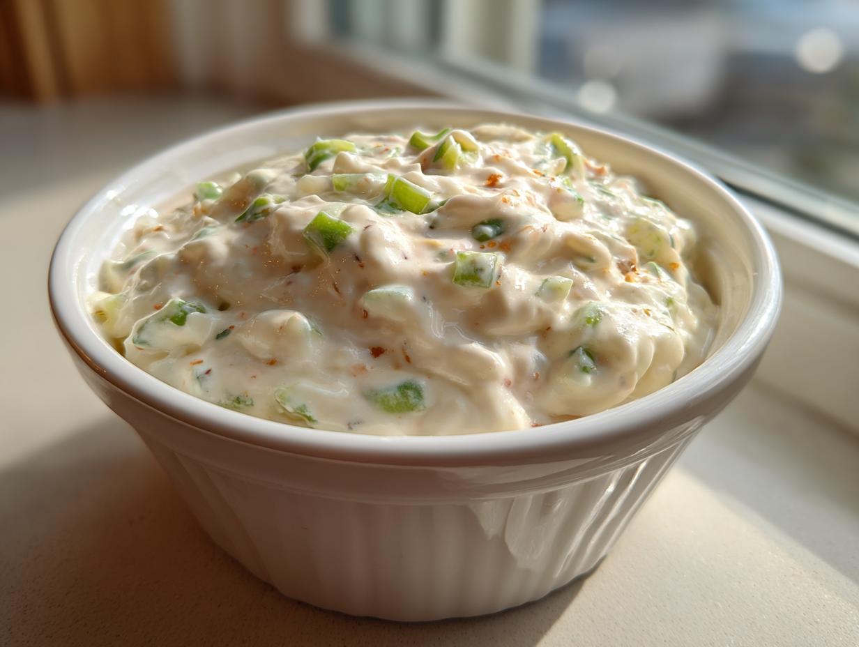 A close-up of a creamy, white cheese dip mixed with green peppers, served in a white fluted bowl.
