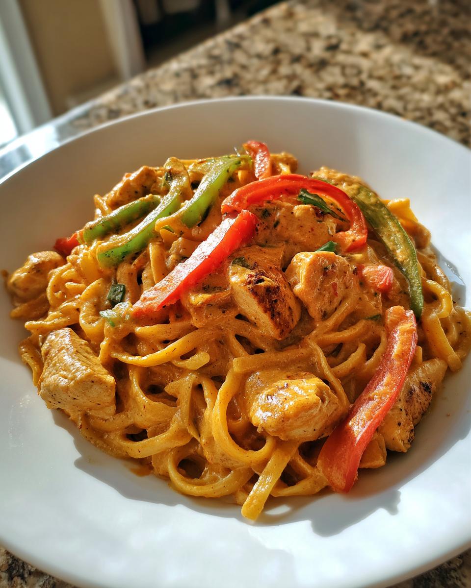Close-up of creamy chicken fajita pasta tossed in a rich orange sauce with grilled chicken pieces and sliced red and green bell peppers.