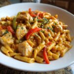 A close-up of creamy chicken fajita pasta featuring penne, seasoned chicken chunks, and strips of red and green bell peppers.