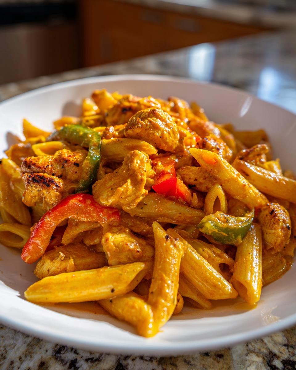 A close-up shot of creamy chicken fajita pasta featuring penne, seasoned chicken pieces, and colorful bell peppers in a white bowl.