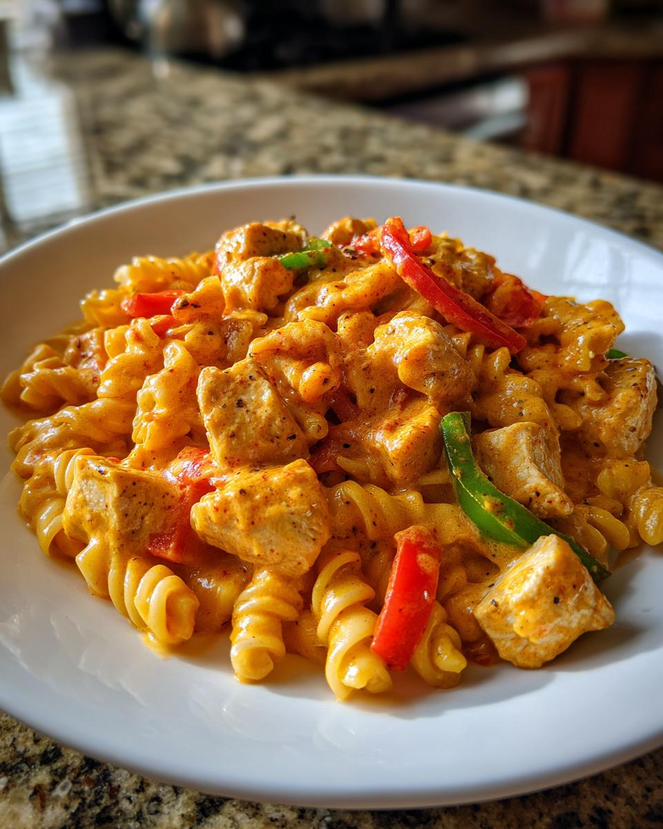 Close-up of creamy chicken fajita pasta featuring rotini, seasoned chicken chunks, and sliced red and green peppers.