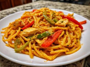 A close-up of creamy chicken fajita pasta mixed with red and green bell peppers on a white plate.