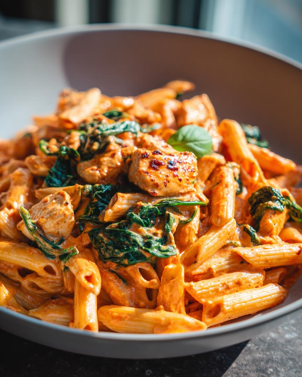 Close-up of a bowl filled with creamy chicken tomato pasta (penne) mixed with wilted spinach and garnished with basil.