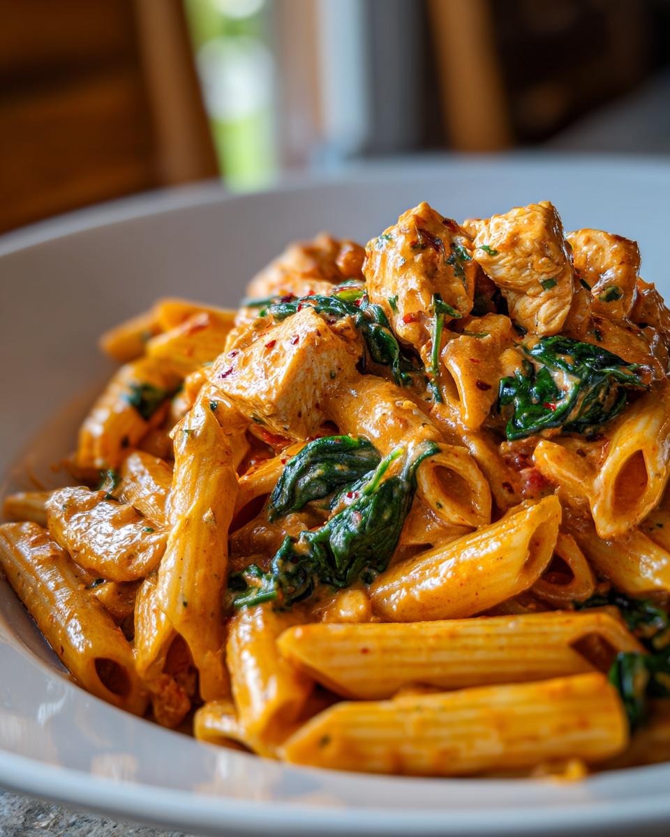 A close-up shot of creamy chicken tomato pasta featuring penne, chunks of seasoned chicken, and wilted spinach.