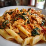 Close-up of creamy chicken tomato pasta featuring penne, chunks of chicken, and wilted spinach in a rich sauce.