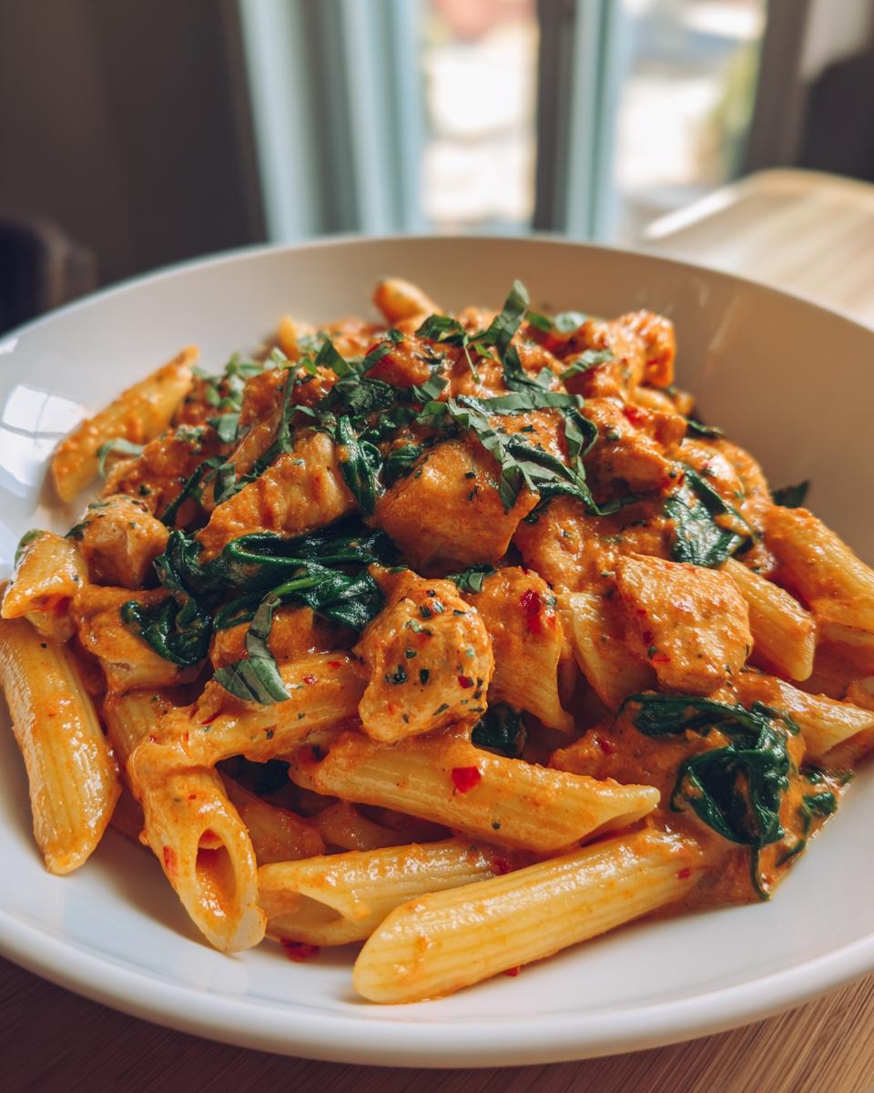 Close-up of penne pasta mixed with creamy tomato sauce, chicken pieces, spinach, and fresh basil, representing the chicken tomato pasta.