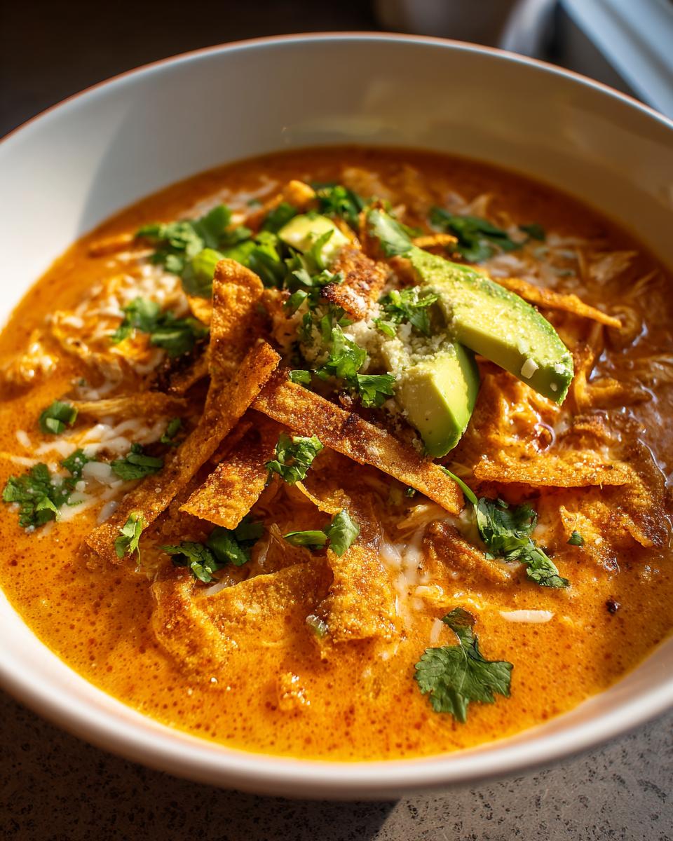 Close-up of a bowl of rich, orange-colored chicken tortilla soup topped with crispy tortilla strips, avocado, and cilantro.