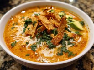 A close-up of a bowl of creamy, orange-hued chicken tortilla soup topped with shredded cheese, cilantro, and crispy tortilla strips.