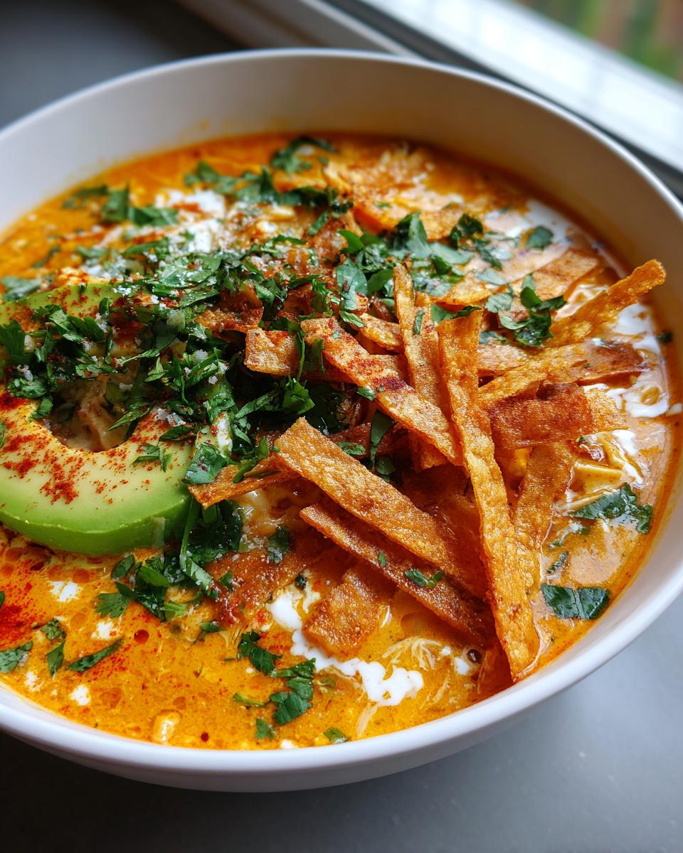 Close-up of a creamy, orange-hued chicken tortilla soup topped with avocado, cilantro, and crispy tortilla strips.