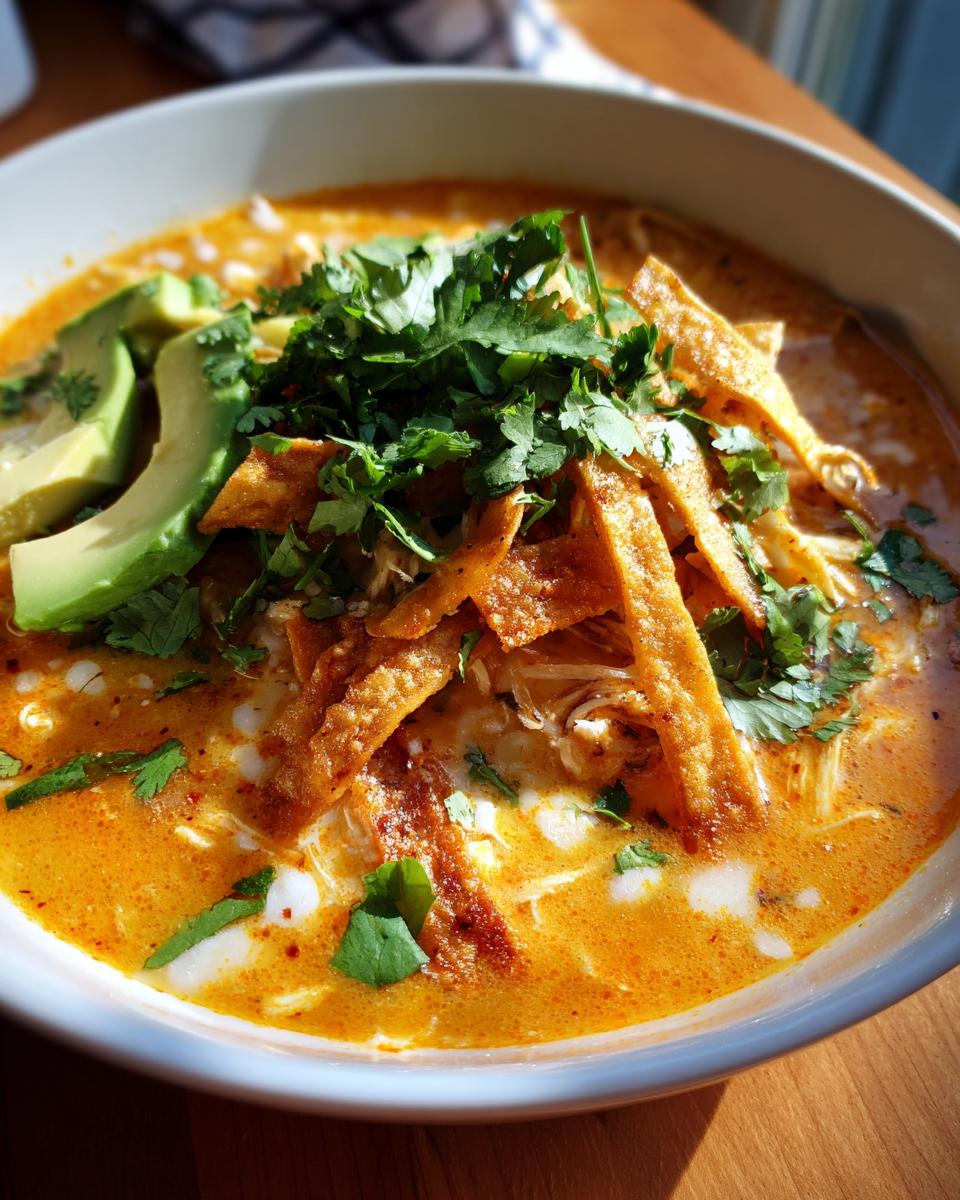 A close-up bowl of creamy, orange-hued chicken tortilla soup topped with avocado slices, crispy tortilla strips, and fresh cilantro.