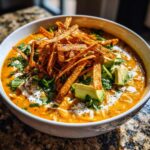 A vibrant bowl of creamy chicken tortilla soup topped with crispy tortilla strips, avocado, and cilantro.