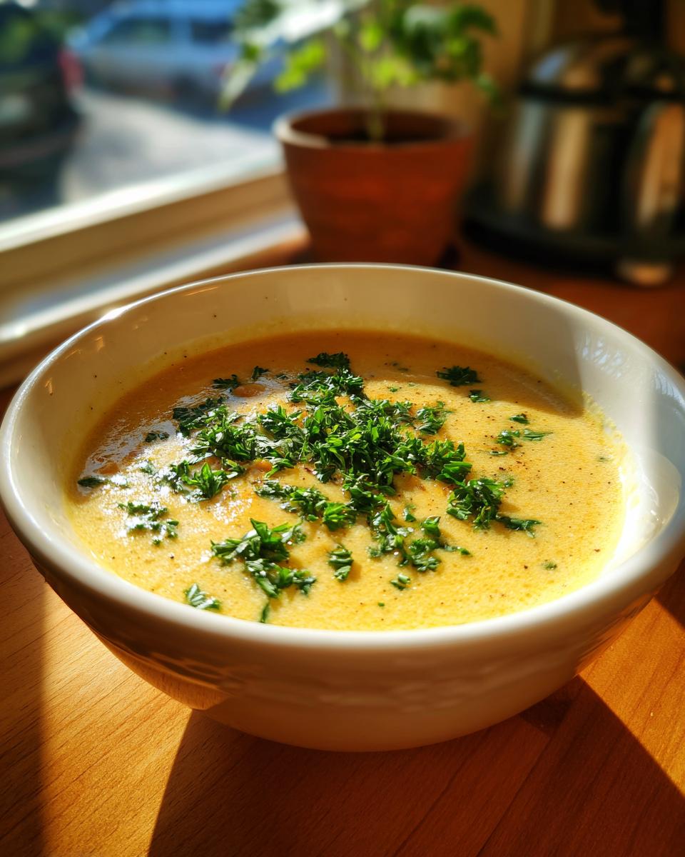 A close-up of a creamy yellow bowl of chickpea soup, garnished generously with fresh chopped parsley.