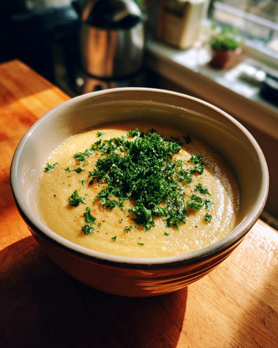 A creamy, yellow chickpea soup served in a rustic bowl, heavily garnished with fresh chopped parsley.