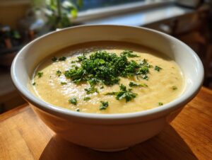 A close-up of a creamy, yellow chickpea soup topped generously with fresh chopped parsley in a white bowl.
