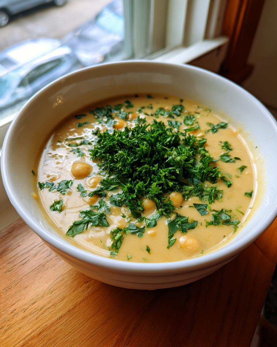 A close-up of a creamy, yellow chickpea soup in a white bowl, heavily garnished with fresh chopped parsley.