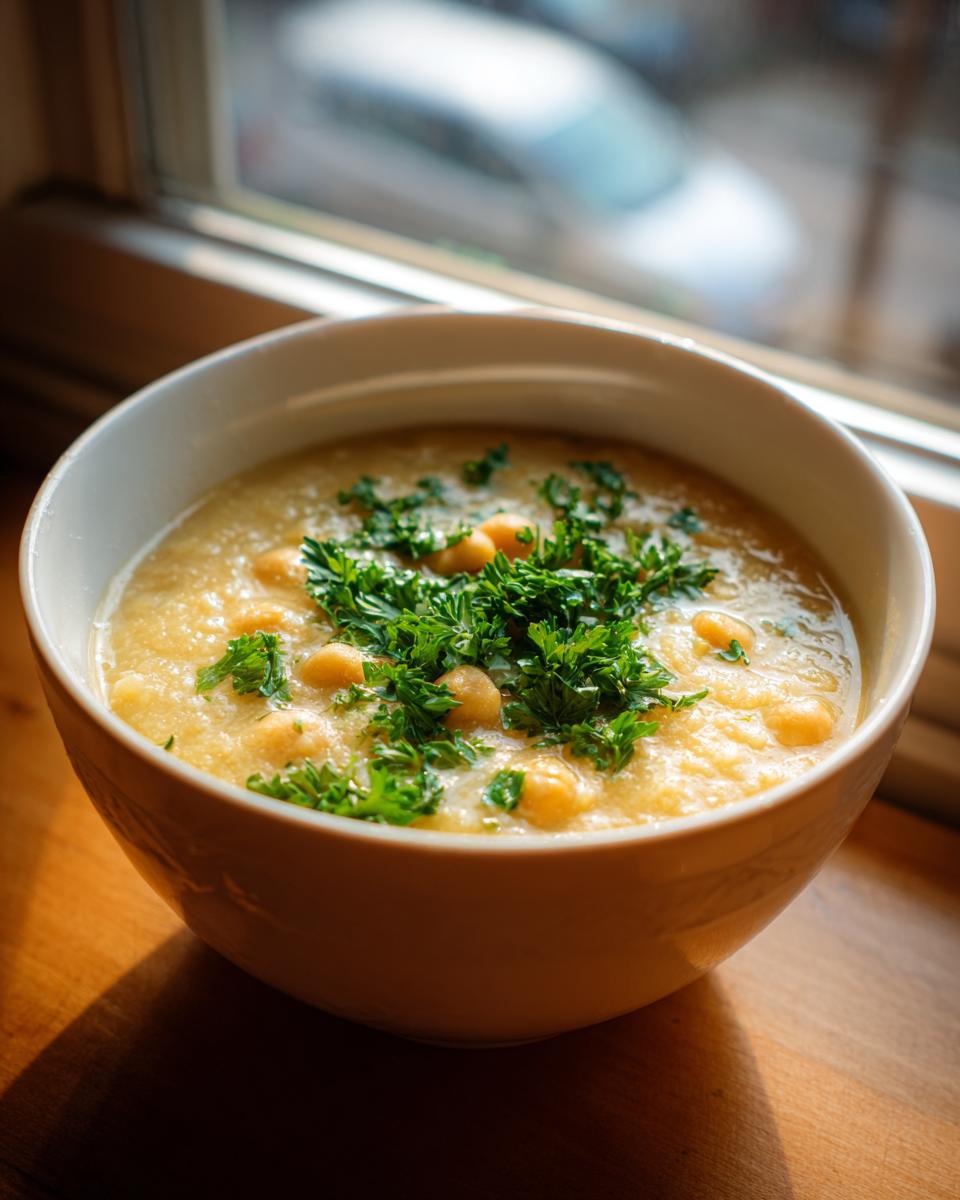 A close-up of a creamy bowl of chickpea soup, topped with whole chickpeas and fresh parsley, sitting by a sunlit window.