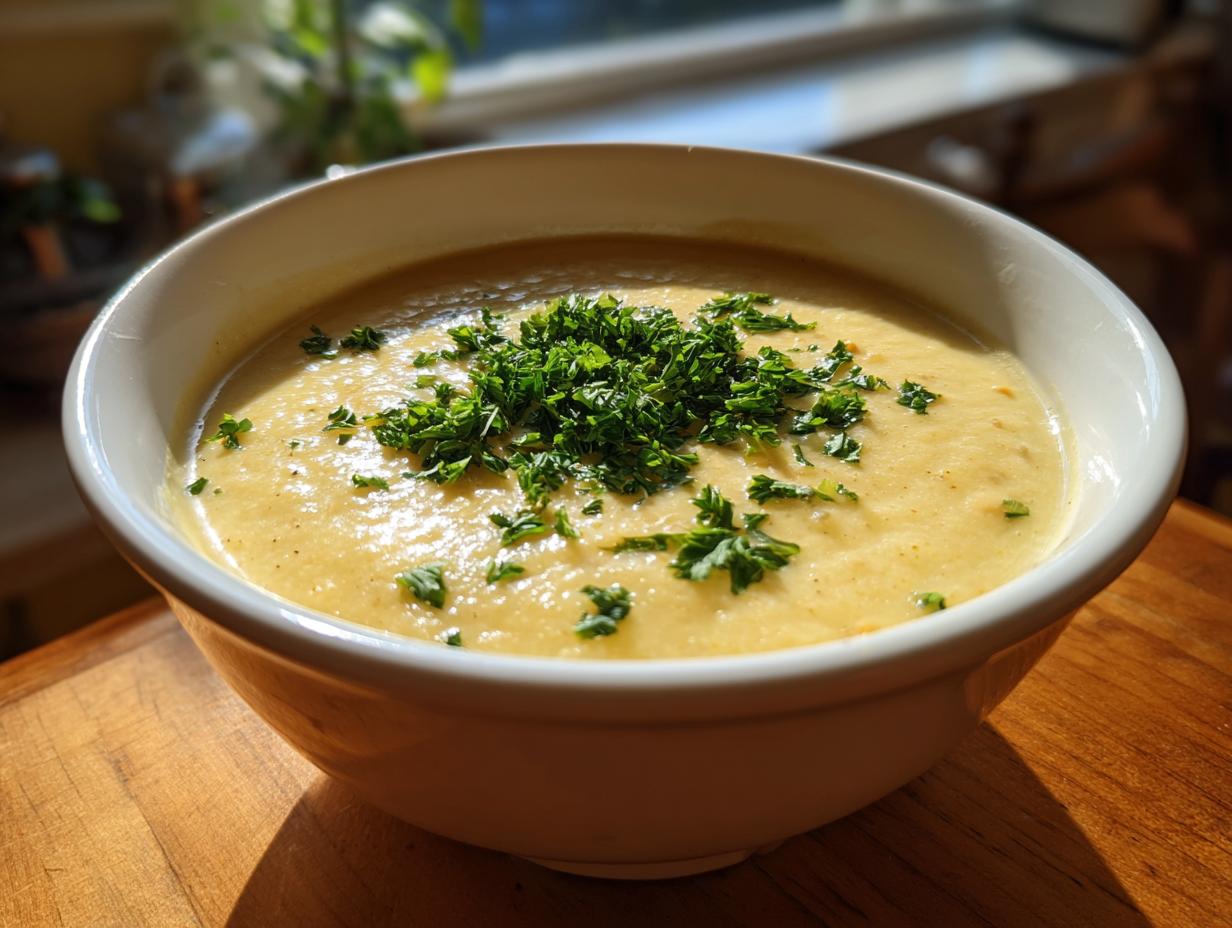 A close-up of a creamy, yellow chickpea soup topped generously with fresh chopped parsley in a white bowl.