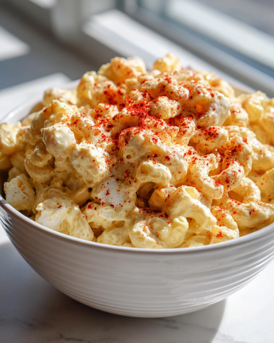 Close-up of creamy deviled egg pasta salad topped with paprika in a white bowl.