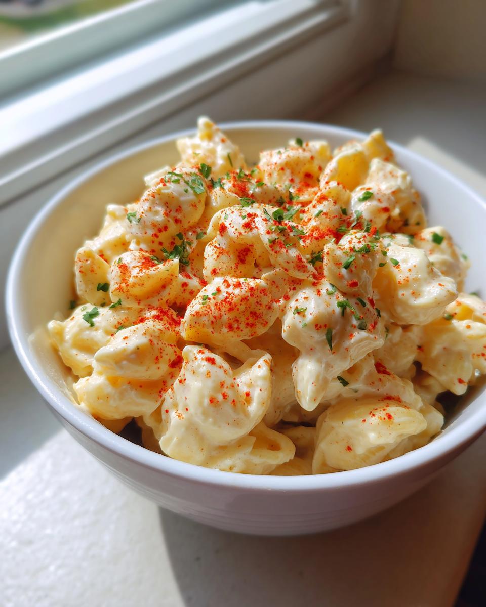 Close-up of a bowl of creamy deviled egg pasta salad, topped with paprika and parsley.