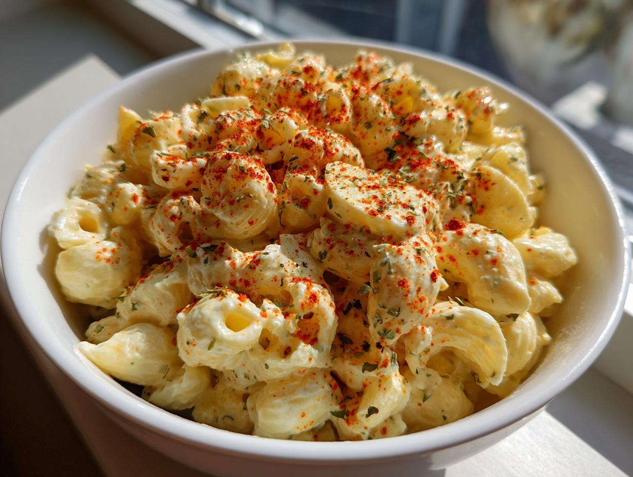 A close-up of creamy deviled egg pasta salad in a white bowl, garnished heavily with paprika and dried herbs.