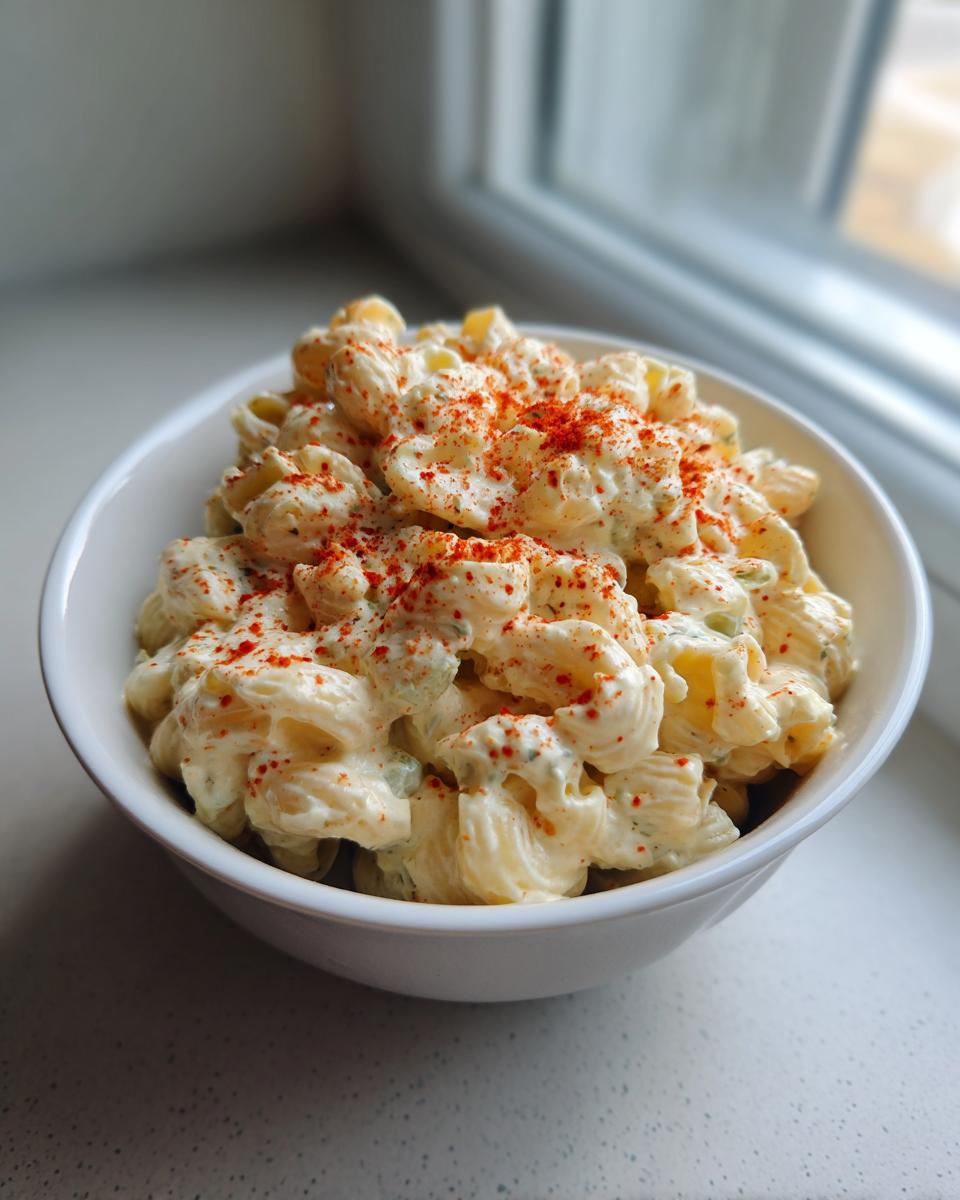 A white bowl filled with creamy deviled egg pasta salad, topped with paprika.