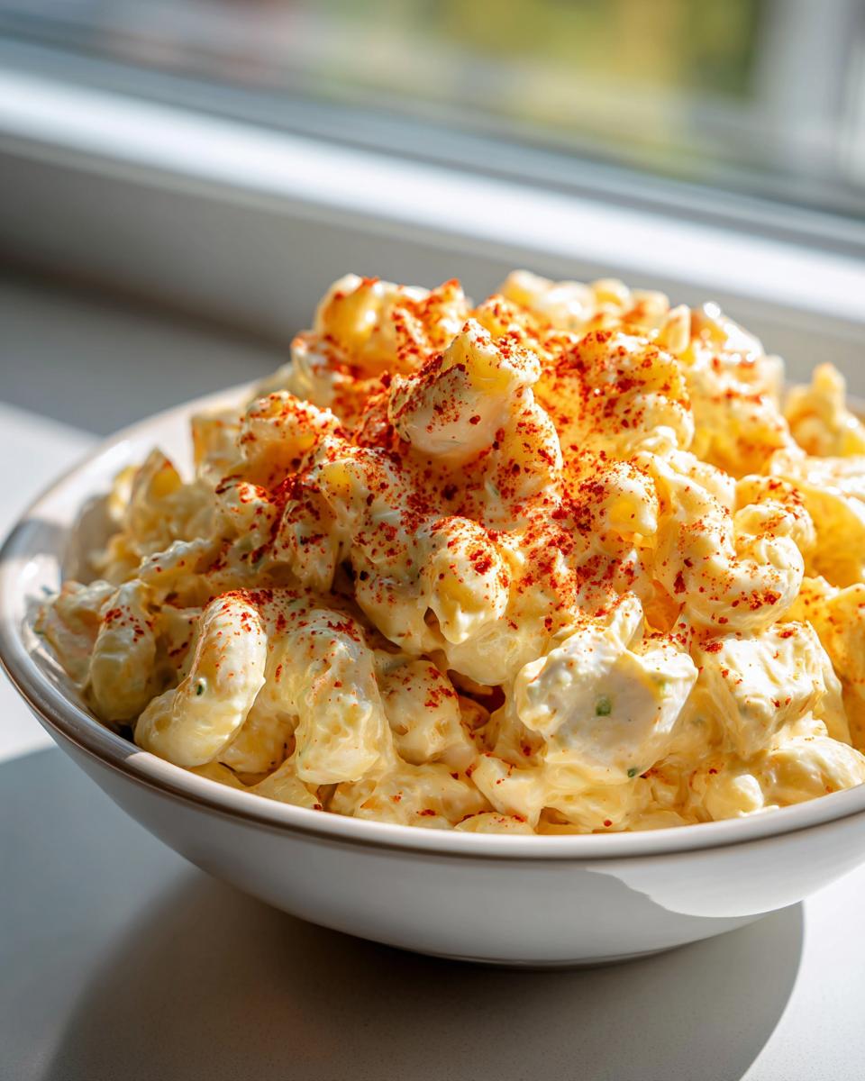 Close-up of a creamy deviled egg pasta salad in a white bowl, generously sprinkled with red paprika.