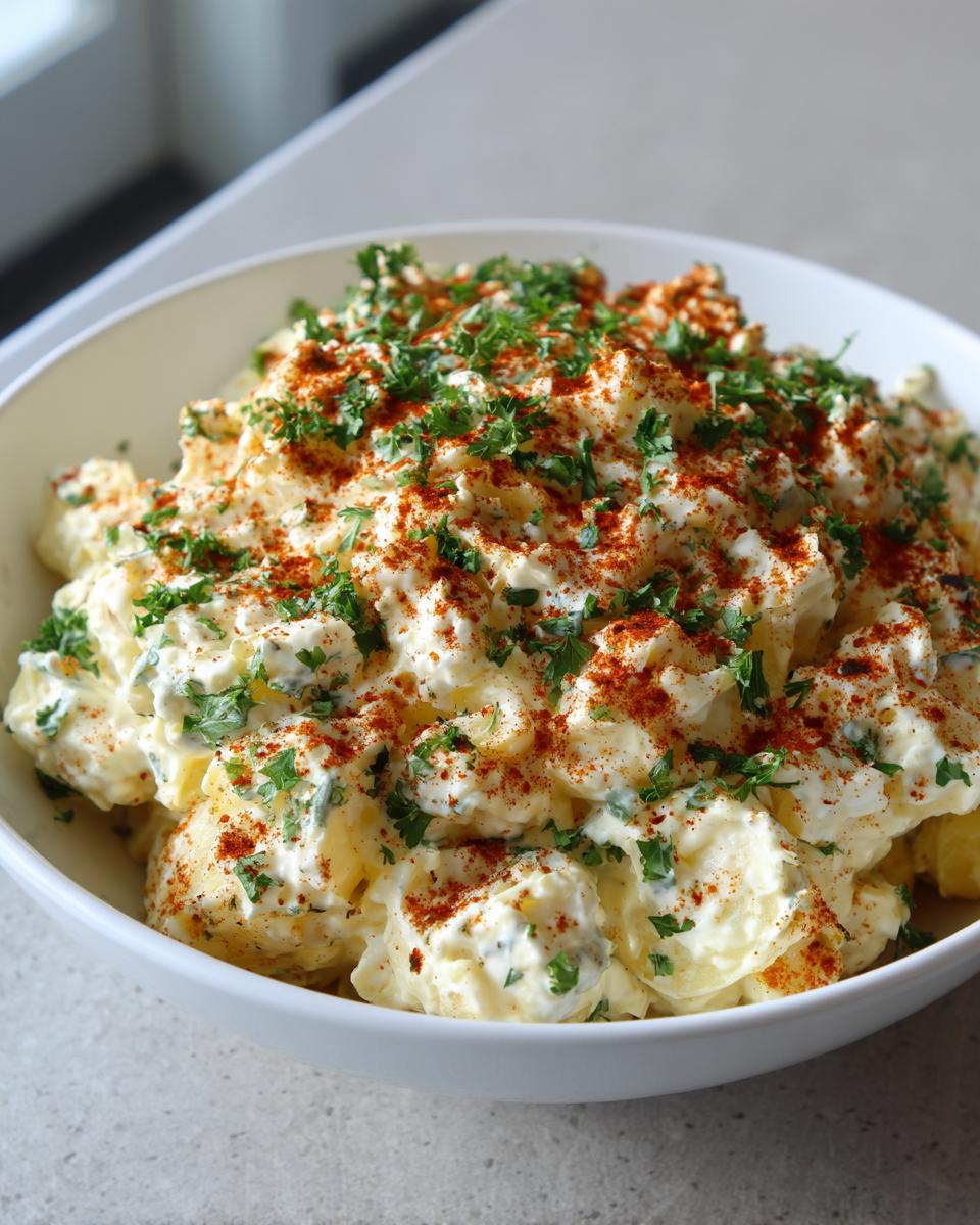 A close-up of creamy deviled egg potato salad topped with paprika and fresh parsley in a white bowl.