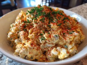 Close-up of creamy deviled egg potato salad topped with paprika and fresh parsley in a white bowl.