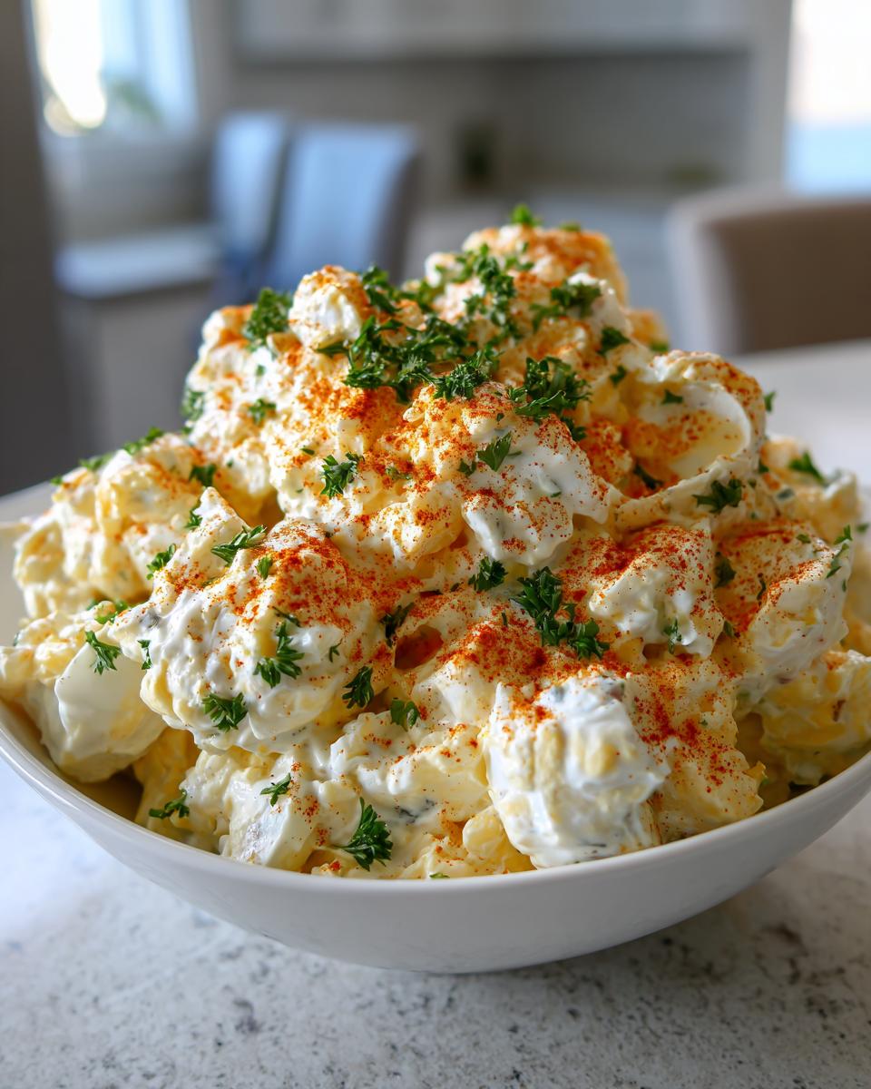 A large white bowl overflowing with creamy deviled egg potato salad, topped with paprika and fresh parsley.