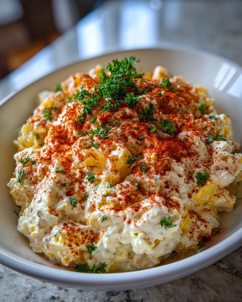 A close-up of creamy deviled egg potato salad topped generously with bright red paprika and fresh parsley.