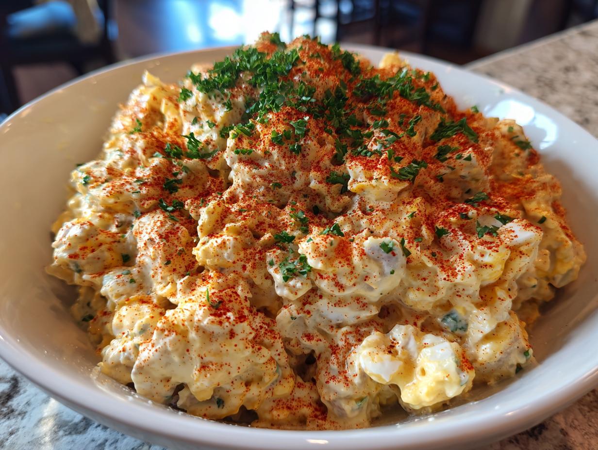 Close-up of creamy deviled egg potato salad topped with paprika and fresh parsley in a white bowl.