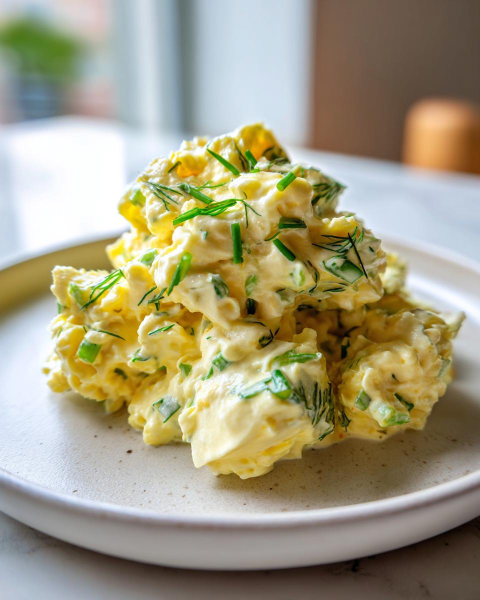 A close-up of a generous serving of creamy egg salad, garnished with fresh chopped chives and dill.