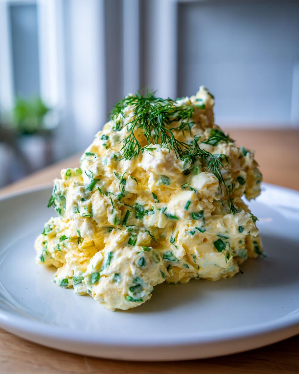 A scoop of rich, creamy egg salad mixed with chives and topped with fresh dill, served on a white plate.