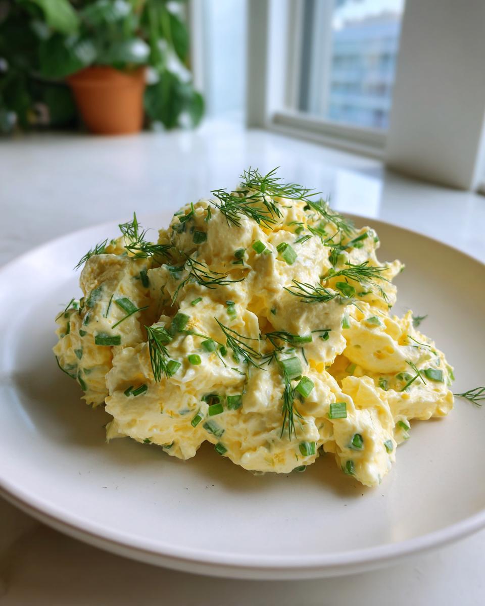 A mound of supreme creamy egg salad topped with chopped chives and fresh dill on a white plate.