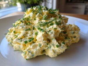 A generous mound of rich, creamy egg salad generously garnished with chopped chives and fresh dill.