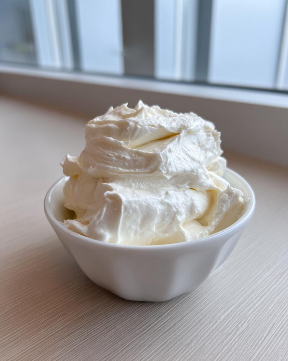 A close-up of freshly whipped, creamy garlic aioli piled high in a small white bowl.