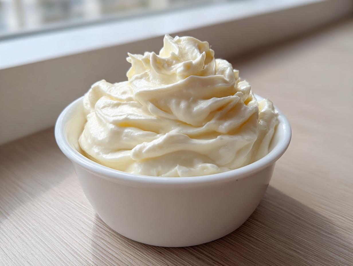 A white bowl filled with freshly piped, creamy garlic aioli, ready to serve.