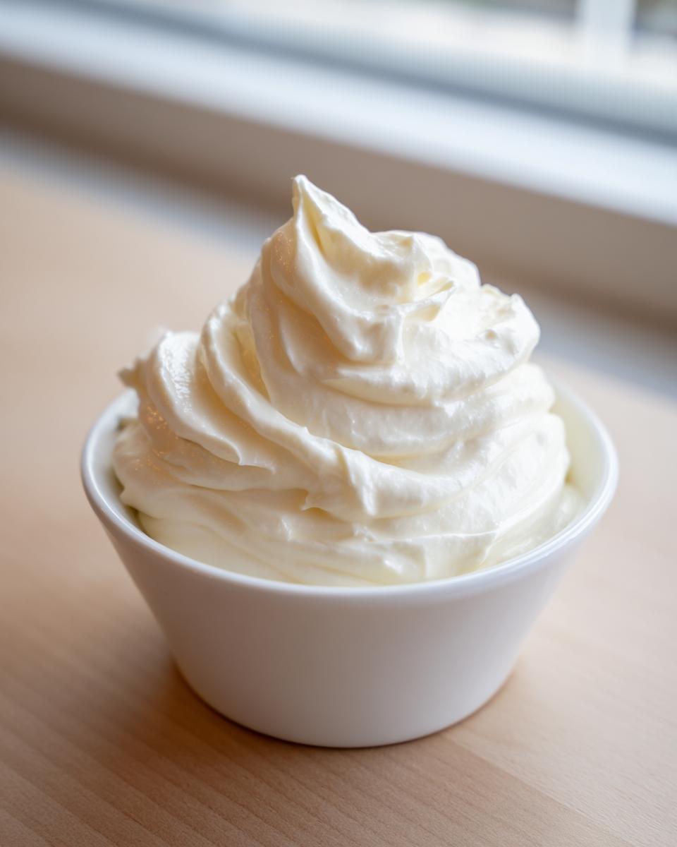 A perfectly piped swirl of creamy white garlic aioli served in a small white bowl on a wooden surface.