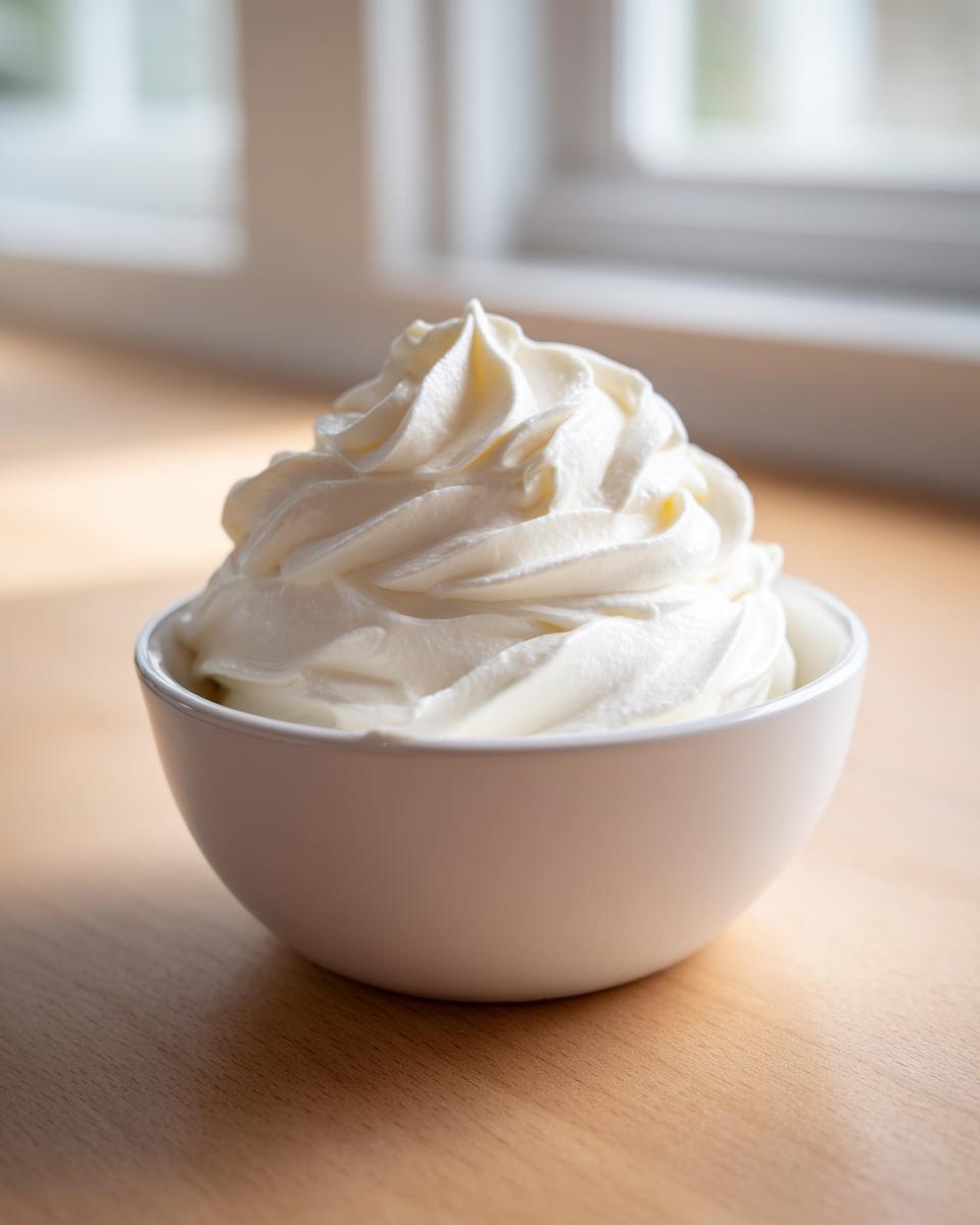 A perfectly swirled mound of creamy white garlic aioli served in a small white bowl on a wooden surface.