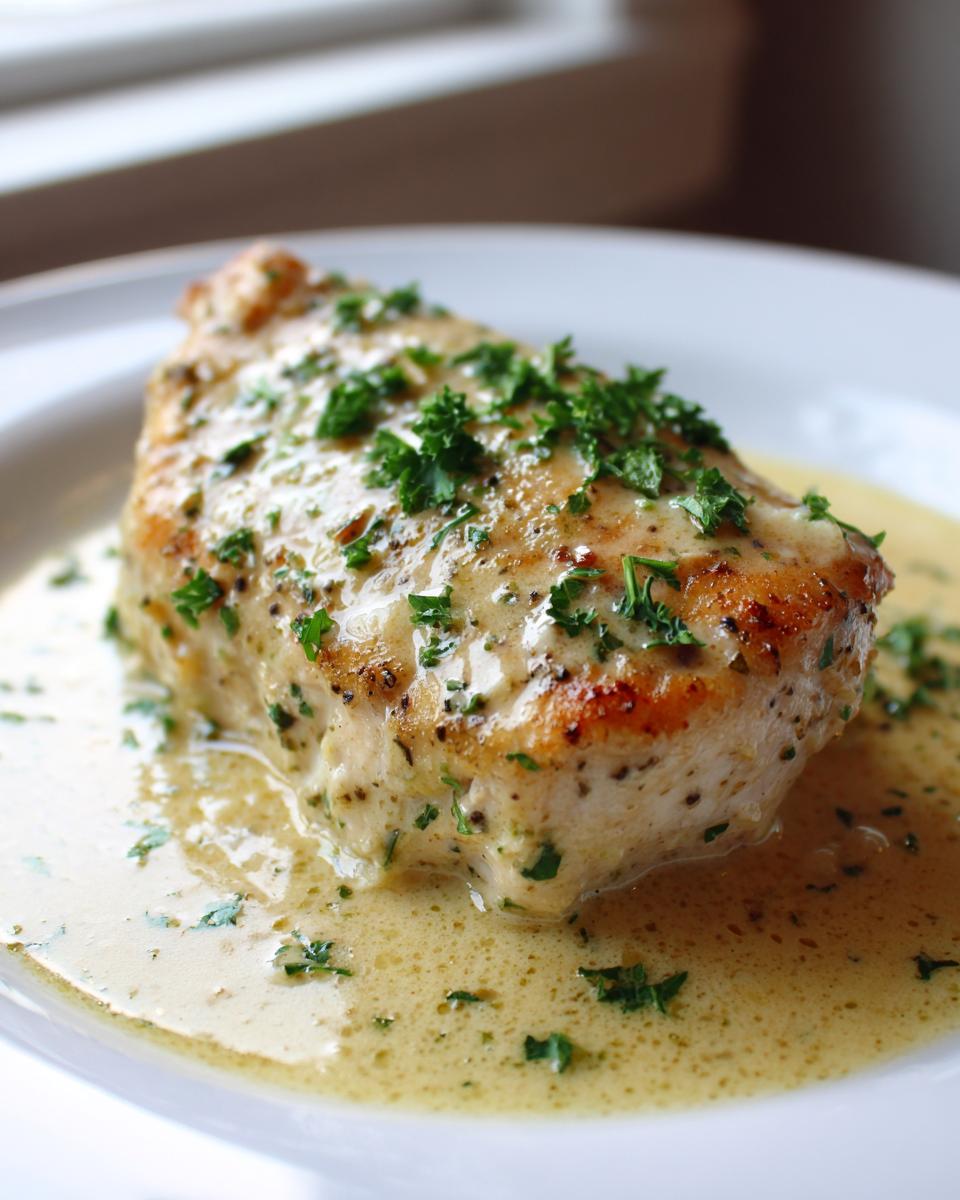 A perfectly cooked piece of garlic parmesan chicken breast smothered in a creamy sauce and topped with fresh parsley.