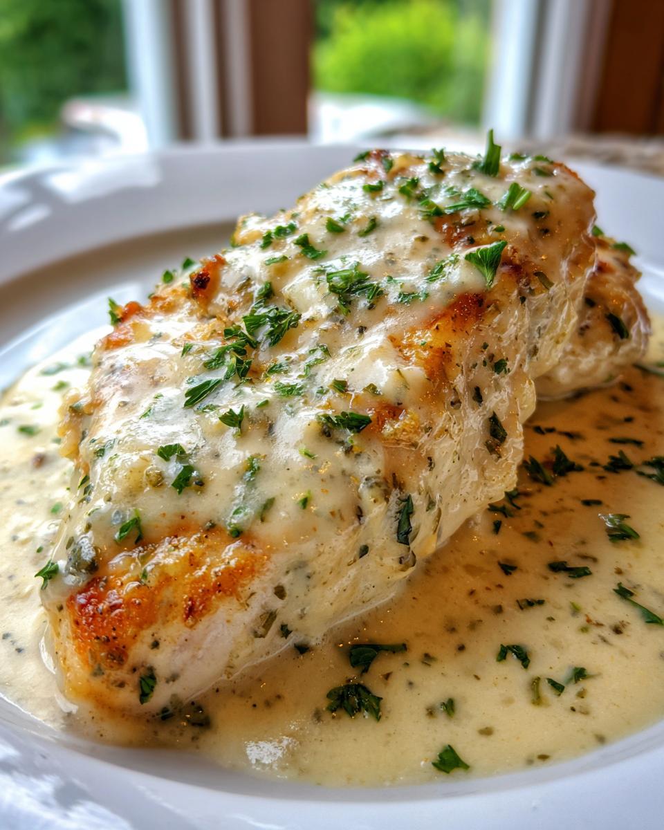 A juicy, pan-seared garlic parmesan chicken breast smothered in creamy sauce and fresh parsley.