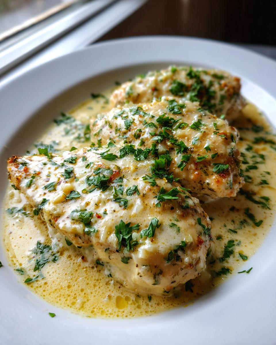 Three pieces of juicy garlic parmesan chicken smothered in a creamy, cheesy sauce and topped with fresh parsley.