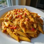 Close-up of creamy Jamaican Rasta Pasta coated in an orange sauce with visible red and green bell peppers.
