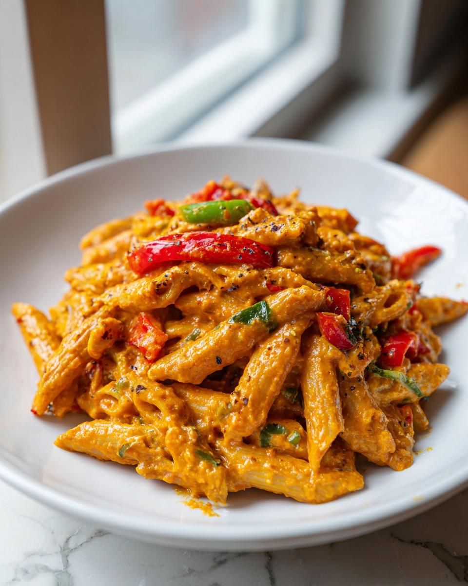 Close-up of creamy Jamaican Rasta Pasta featuring penne coated in an orange sauce with visible red and green bell peppers.